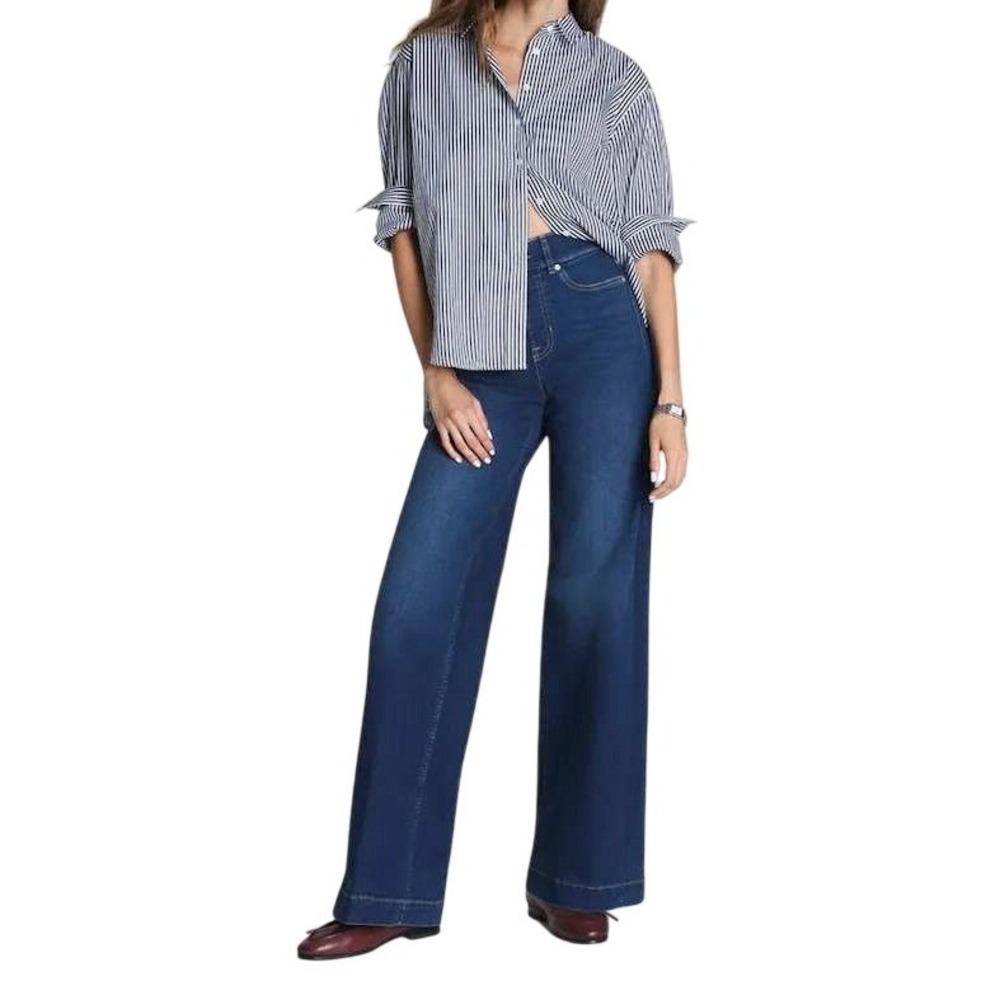 Spanx Womens High Rise Wide Leg Jeans Dark Indigo Blue Size L 21676R